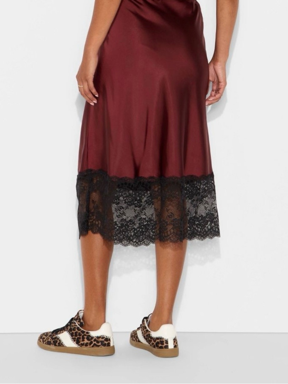 wild fable Satin Slip Skirt with Black Lace Trim - Burgundy